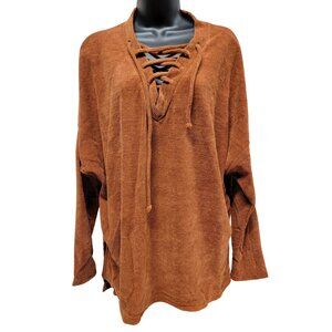 White Birch Lace Up V-Neck Sweater Ultra Soft Brown XL